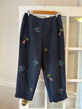Allison Taylor Black Silk Embroidered Cocktail Pants